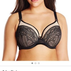 NWOT ELOMI 34K Bijou Soirée Bra Black Lace / Nude Convertible Back Bra